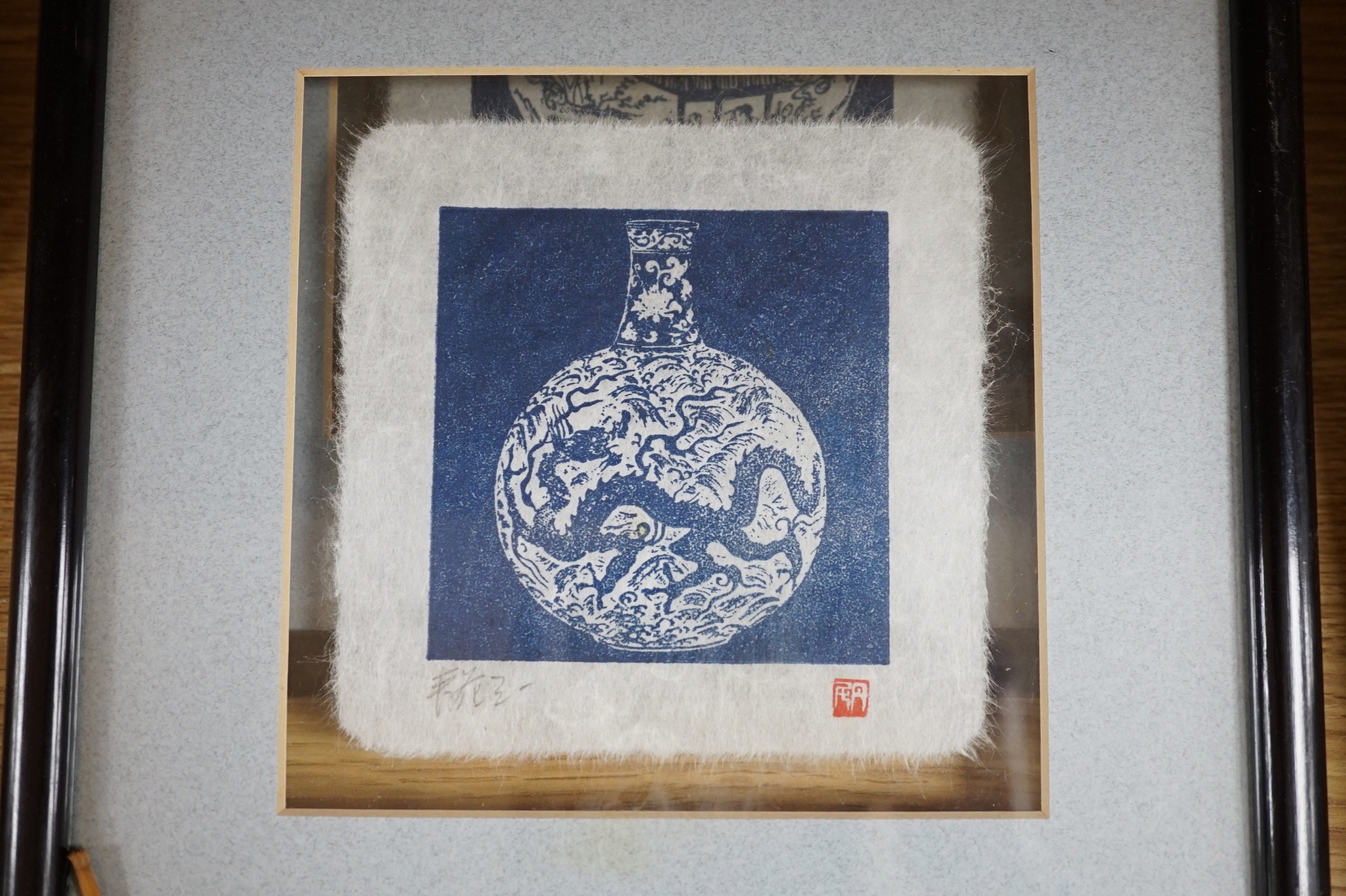 Three framed and mounted Chinese inside-painted snuff bottles and four other items